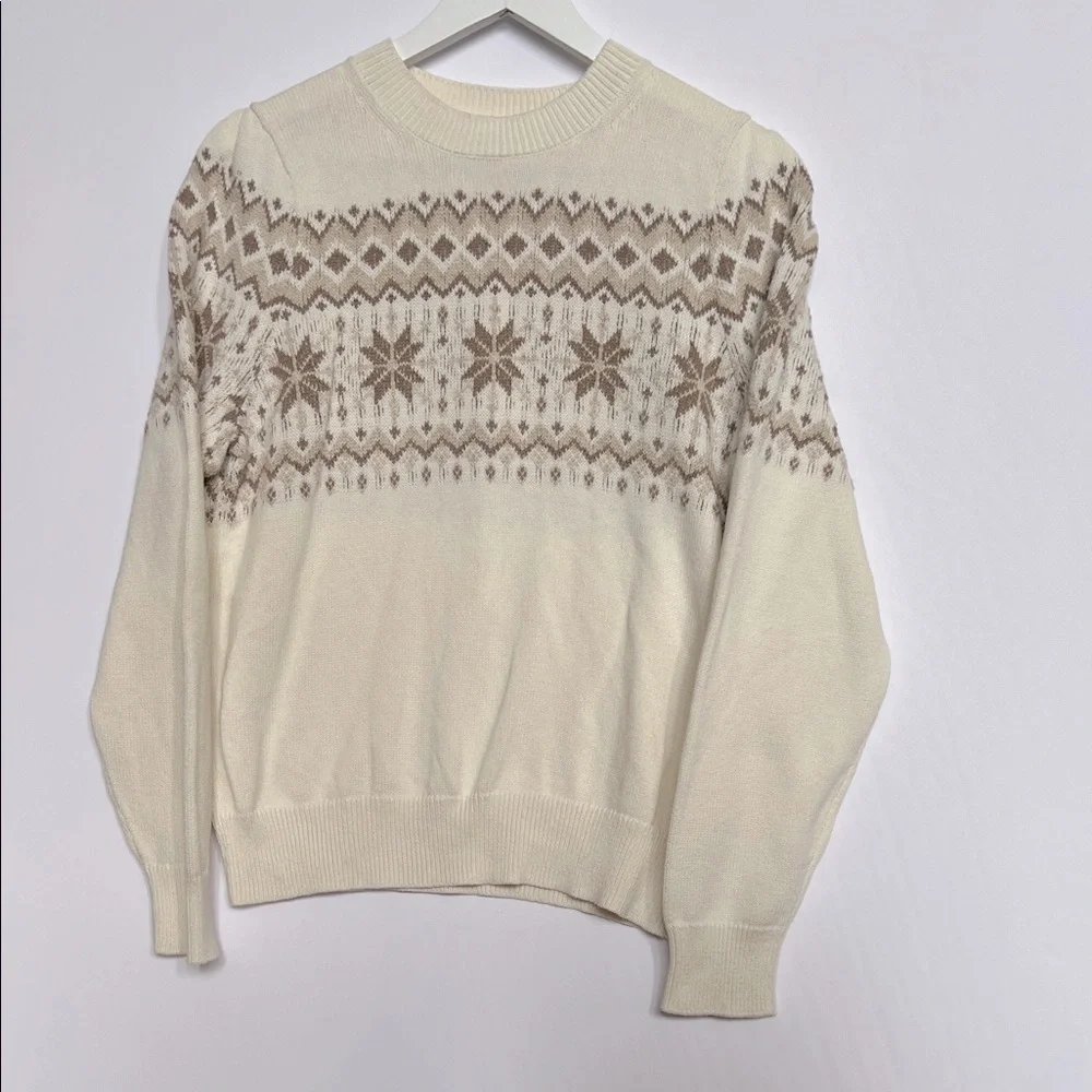 J. Crew 100% Cotton Fair Isle Ivory Brown Crewneck Sweater Puff Slv Sz M SOOL